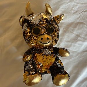 BLING Sequin Gold Silver Plush Bull Toy BIG BLACK GOLD RIMMED EYES Stuf Animal